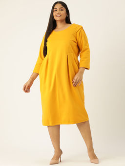 theRebelinme - Plus Size Womens Mustard Solid Color Fleece Dress