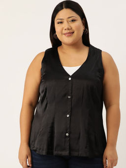 theRebelinme - Plus Size Womens Black Solid Color Satin Sleeveless Top