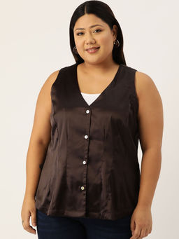 theRebelinme - Plus Size Womens Brown Solid Color Satin Sleeveless Top