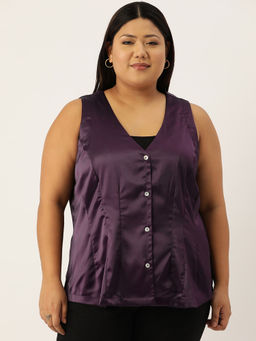 theRebelinme - Plus Size Womens Purple Solid Color Satin Sleeveless Top
