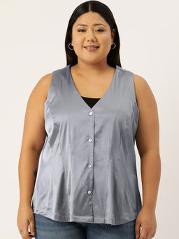 theRebelinme - Plus Size Womens Grey Solid Color Satin Sleeveless Top