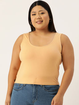 theRebelinme - Plus Size Womens Beige Solid Color Cotton Knitted Top