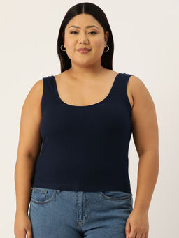 theRebelinme - Plus Size Womens Navy Blue Solid Color Cotton Knitted Top
