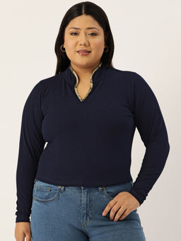 theRebelinme - Plus Size Womens Navy Blue Solid Color Cotton Knitted Top