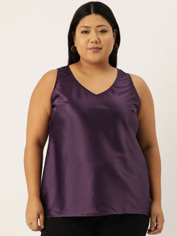 theRebelinme - Plus Size Womens Purple Solid Color Satin Top