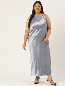 theRebelinme - Plus Size Womens Grey Solid Color Satin Sleeveless Maxi Dress