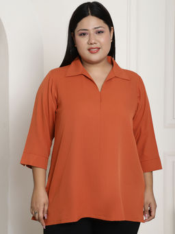theRebelinme - Plus Size Womens Rust Solid Color Shirt Style Longline Top