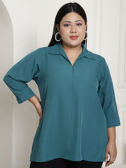 theRebelinme - Plus Size Womens Blue Solid Color Shirt Style Longline Top
