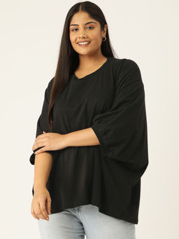 theRebelinme - Plus Size Womens Black Solid Color Ribbed Detail Top