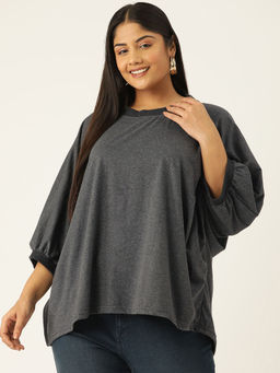 theRebelinme - Plus Size Womens Charcoal Solid Color Ribbed Detail Top