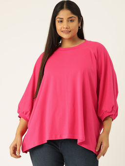 theRebelinme - Plus Size Womens Fuchsia Pink Solid Color Ribbed Detail Top