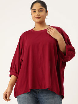 theRebelinme - Plus Size Womens Maroon Solid Color Ribbed Detail Top