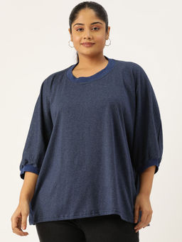 theRebelinme - Plus Size Womens Melange Blue Solid Color Ribbed Detail Top
