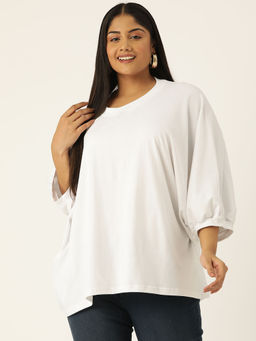 theRebelinme - Plus Size Womens White Solid Color Ribbed Detail Top