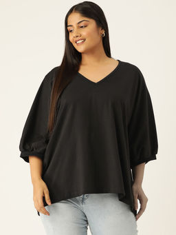 theRebelinme - Plus Size Womens Black Solid Color Longline Cotton Top