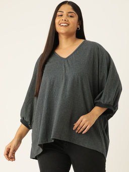theRebelinme - Plus Size Womens Charcoal Grey Solid Color Longline Cotton Top