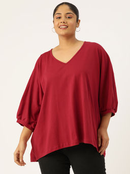 theRebelinme - Plus Size Womens Maroon Solid Color Longline Cotton Top