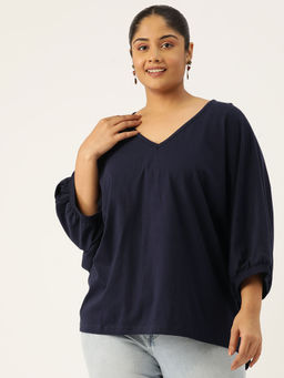 theRebelinme - Plus Size Womens Navy Blue Solid Color Longline Cotton Top