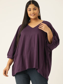 theRebelinme - Plus Size Womens Purple Solid Color Longline Cotton Top