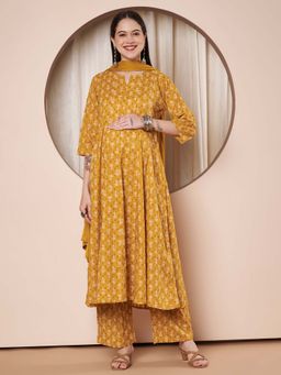 Secret Wish - Women Mustard Floral Cotton Maternity Kurta with Pant and Dupatta