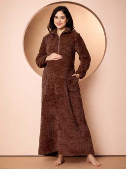 Secret Wish - Women Brown Solid Fur Maternity Winter Nighty