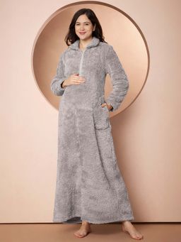 Secret Wish - Women Grey Solid Fur Maternity Winter Nighty