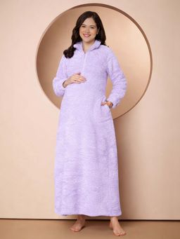 Secret Wish - Women Lavender Solid Fur Maternity Winter Nighty