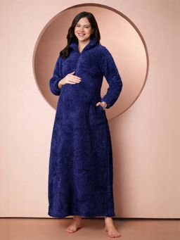 Secret Wish - Women Navy Blue Solid Fur Maternity Winter Nighty