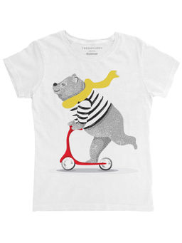 THREADCURRY - Riding Teddy Girls Graphic Printed T-Shirt - White