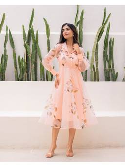 Ambraee - Women'S Organza Floral A-Line Peach Midi Dress with Inner