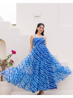Ambraee - Women'S Chiffon Stripes Flared Blue Maxi Dress
