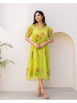 Ambraee - Women Organza Floral Shirt Green Midi Dress with Inner