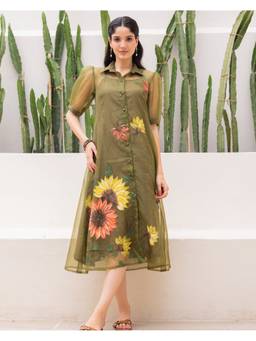 Ambraee - Women'S Organza Floral Shirt Green Midi Dress with Inner