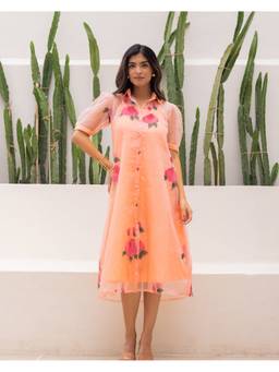 Ambraee - Women'S Organza Floral Shirt Peach Midi Dress with Inner