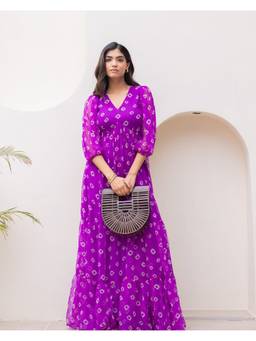 Ambraee - Women'S Chiffon Printed Flared Purple Maxi Dress