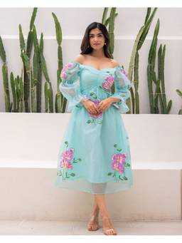 Ambraee - Women'S Organza Floral A-Line Blue Midi Dress