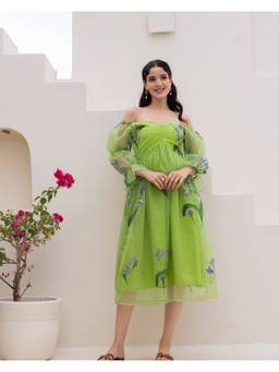 Ambraee - Women'S Organza Floral A-Line Green Midi Dress