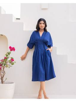 Ambraee - Women'S Cotton Solid A-Line Blue Midi Dress