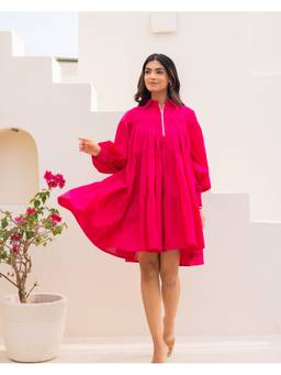 Ambraee - Women'S Cotton Solid Flared Pink Mini Dress