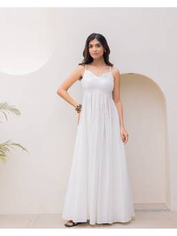 Ambraee - Women'S Cotton Solid Flared Off White Maxi Dress