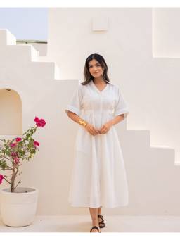 Ambraee - Women'S Cotton Solid Shirt Off White Midi Dress