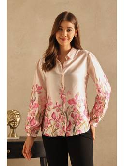 PURYS - Beige Placement Print Satin Shirt