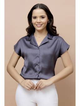 PURYS - Grey Short Sleeves Coat Collar Satin Shirt