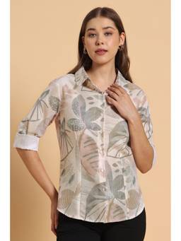PURYS - Beige Tropical Print Casual Linen Shirt
