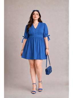 Virgio - Women'S Cotton Solid A-Line Blue Mini Dress