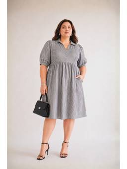 Virgio - Women'S Cotton Stripes A-Line Black Knee Length Dress