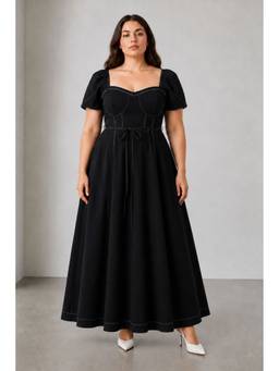 Virgio - Women Cotton Solid Flared Black Maxi Dress with Belt