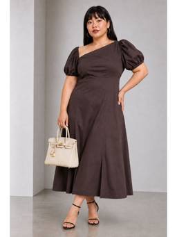 Virgio - Women'S Cotton Solid Flared Brown Maxi Dress
