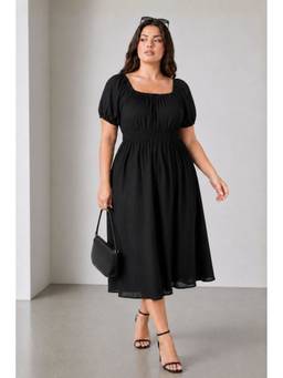 Virgio - Women'S Blended Solid Flared Black Midi Dress
