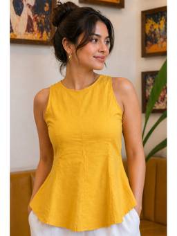 Label Tanvee - Yellow Cotton Sleeveless Peplum Top